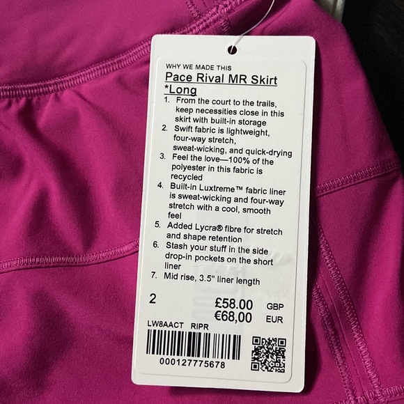 LULULEMON PACE RIVAL MR SKIRT *LONG RIPENED RASPBERRY (RIPR) SZ 2 NWT - Picture 6 of 11